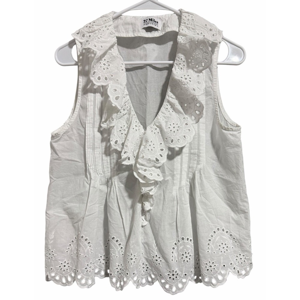 27 Miles Malibu Odina Ruffle Cotton Eyelet White V-Neck Sleeveless Tank Size Med